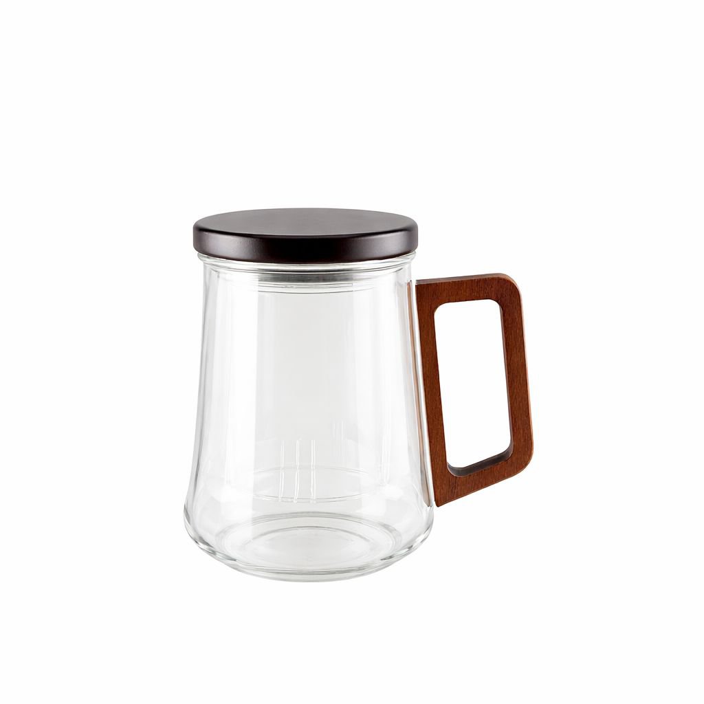 Glass mug with filter, cover and wooden handle 9.5x13.5x11.5cm