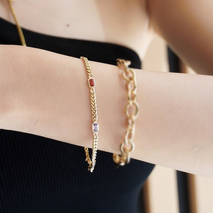 Gold Vermeil Cuban Chain Bracelets with Rainbow Stones
