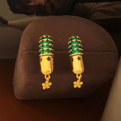 Capsule Design Earrings with Green Stones