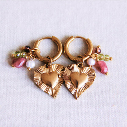 Stainless steel hoop earrings with HEART and colored cluster