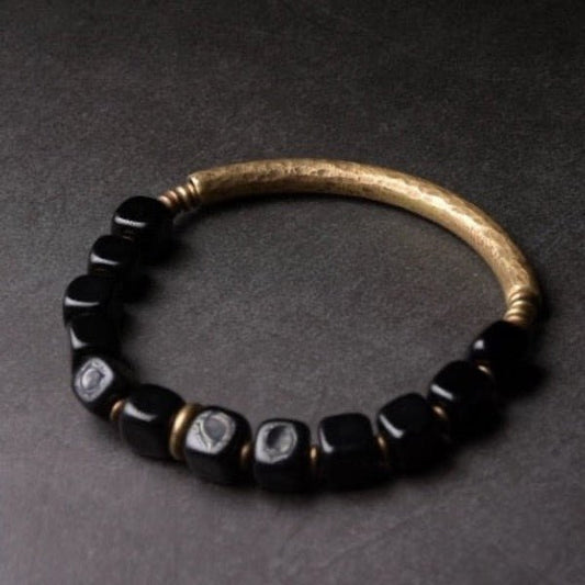 Black Obsidian Blocks Bracelet with Bronze Bangle