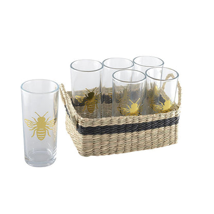 Set of 6 bee glasses with basket