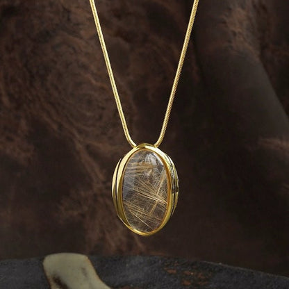 Minimalist Gold Rutilated Quartz Oval Pendant Necklace