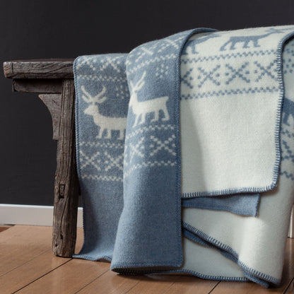 Merino wool bed blanket REINDEER - blue