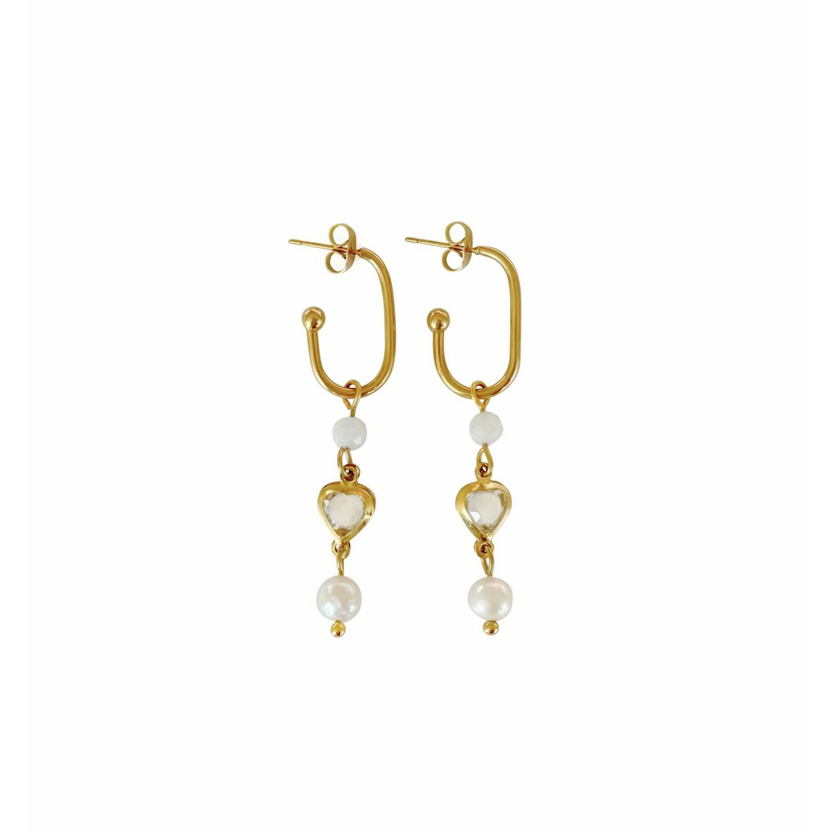 Crystal heart, moonstone and pearl earrings - gold