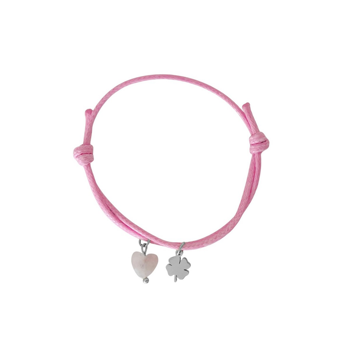 Wax Cord Bracelet Rose Quartz & Four Leaf Clover - Silver