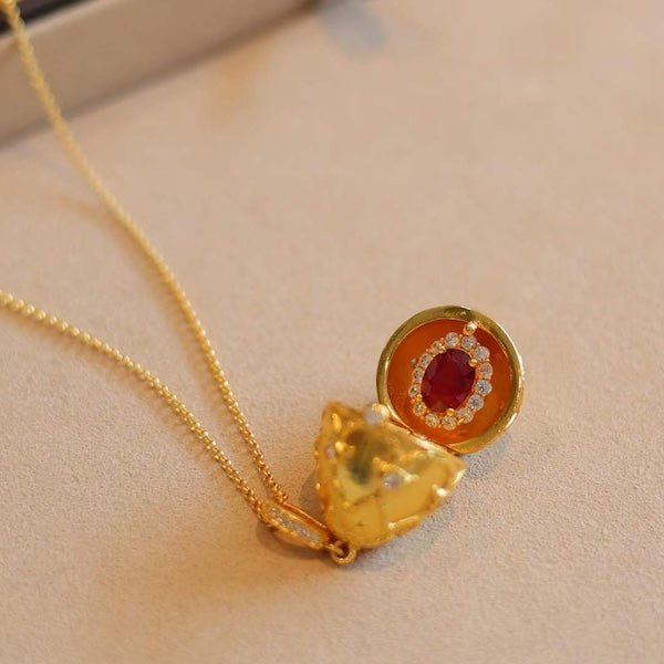 Real Ruby Royal Gold Egg Locket Pendant Necklace