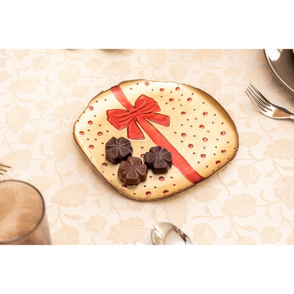 Golden flat plate with red butterfly knot 21x21x2cm