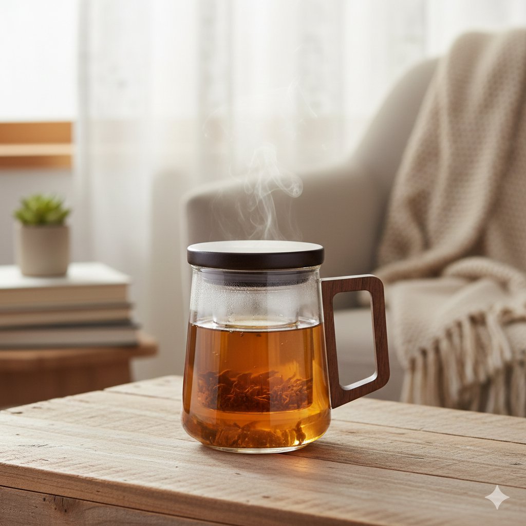 Glass mug with filter, cover and wooden handle 9.5x13.5x11.5cm