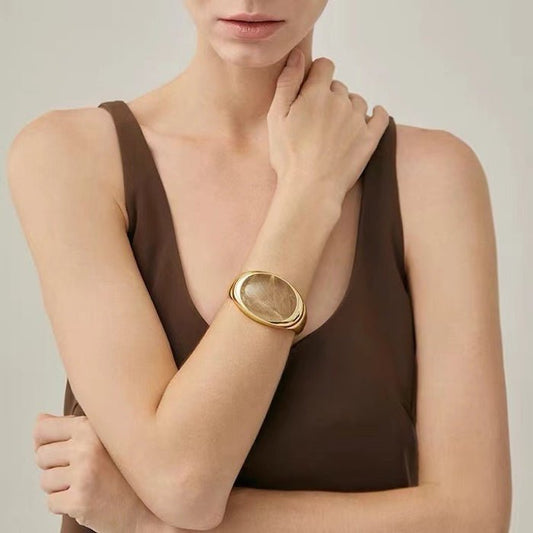 Bold Minimalist Gold Rutilated Quartz Wide Bangle