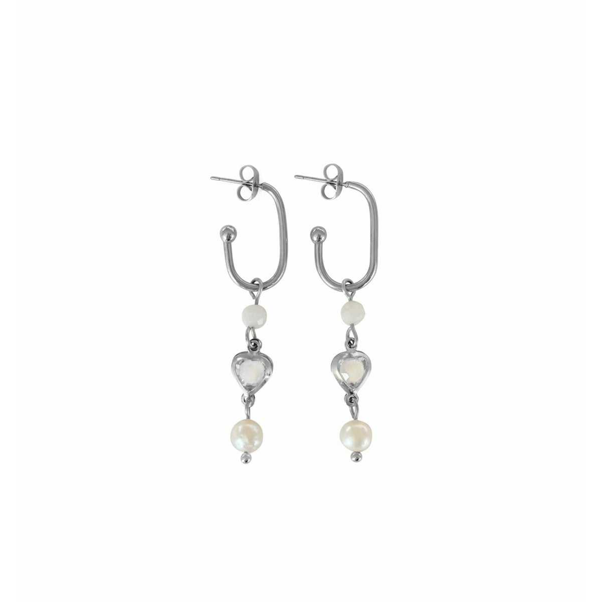 Crystal heart, moonstone and pearl earrings - silver