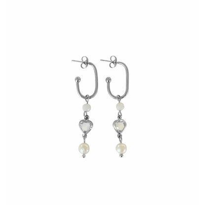 Crystal heart, moonstone and pearl earrings - silver