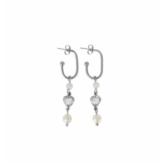 Crystal heart, moonstone and pearl earrings - silver
