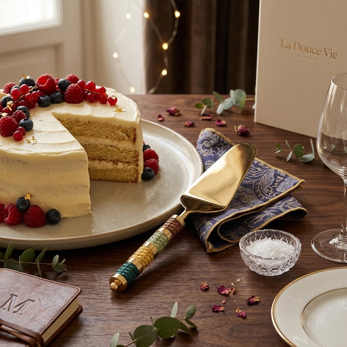 Golden pie server with multicolored braided handle