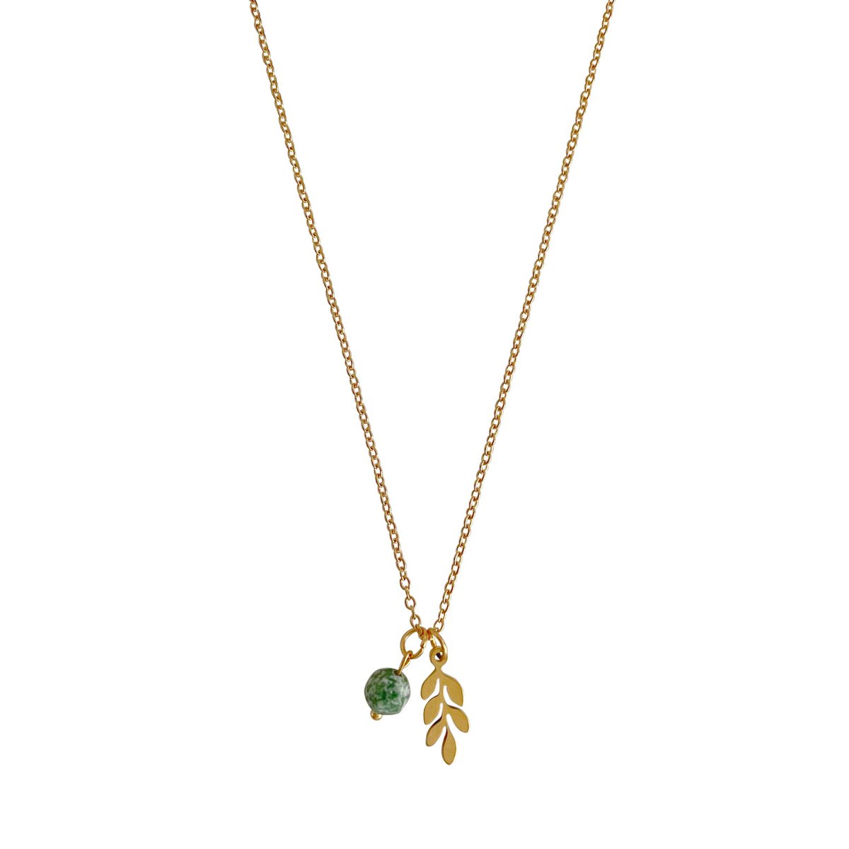 Green Spot Jasper & Leaf Necklace - Gold