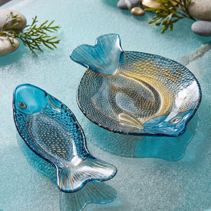 Blue and gold fish dish 29x21cm