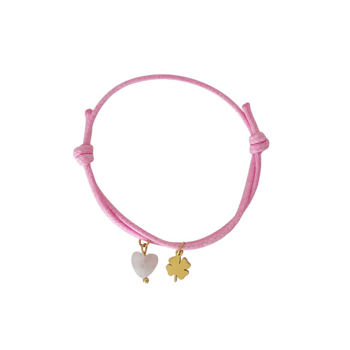 Wax Cord Bracelet Rose Quartz & Four Leaf Clover - Gold