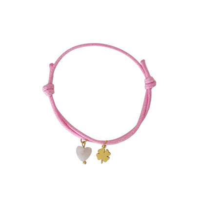 Wax Cord Bracelet Rose Quartz & Four Leaf Clover - Gold