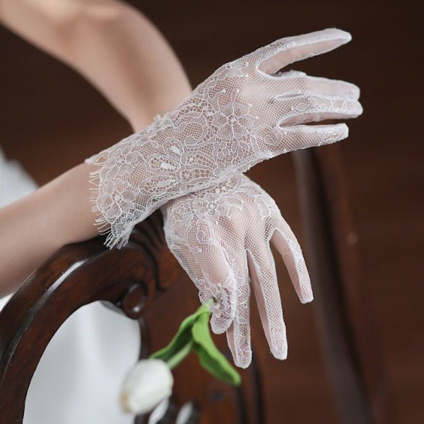 Delicate White Lace Net Bridal Gloves-For slim hands