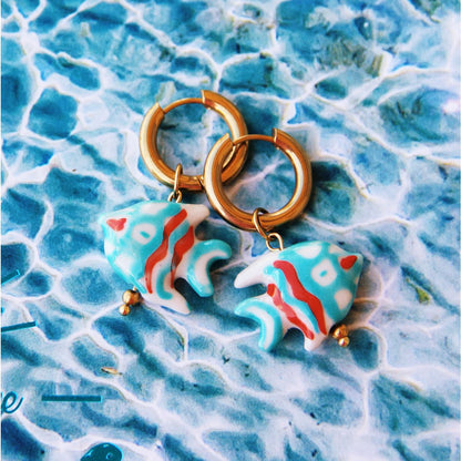 Stainless steel wide hoop earrings with ceramic fish