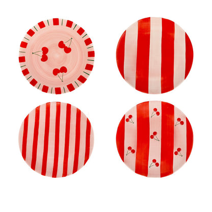 Cherry red striped dessert plates - set of 4