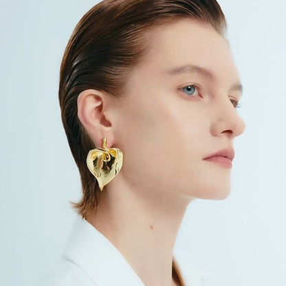 Oversized Chunky Calla Lily Flower Earrings-White n Gold