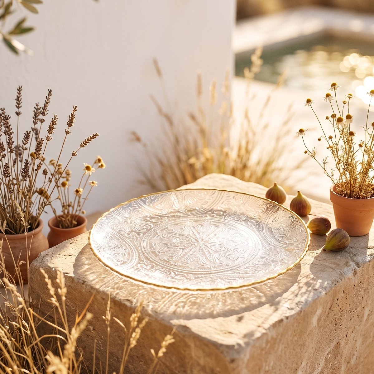 Lace pattern glass dessert plate with gold rim