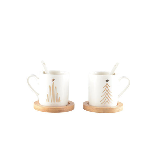 FIR COFFEE CUPS WITH WOODEN SPOONS AND SAUCERS - SET OF 2