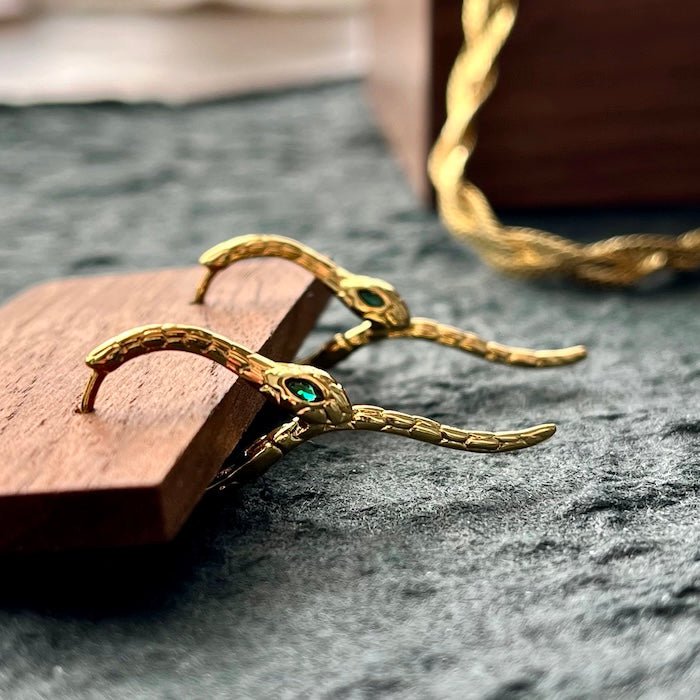 Unique Green-eye Cobra Design Earrings - Gold n Silver