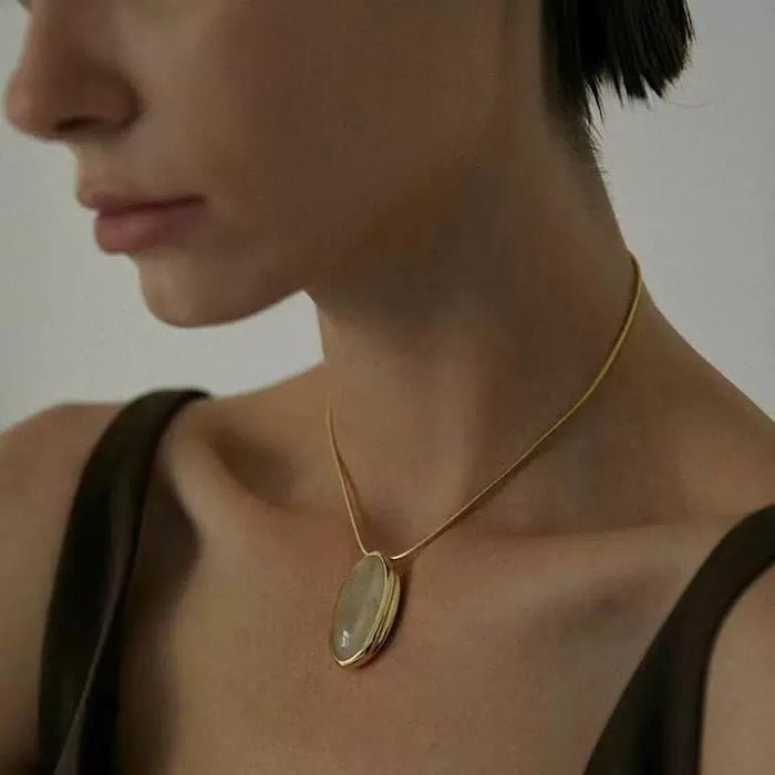 Minimalist Gold Rutilated Quartz Oval Pendant Necklace