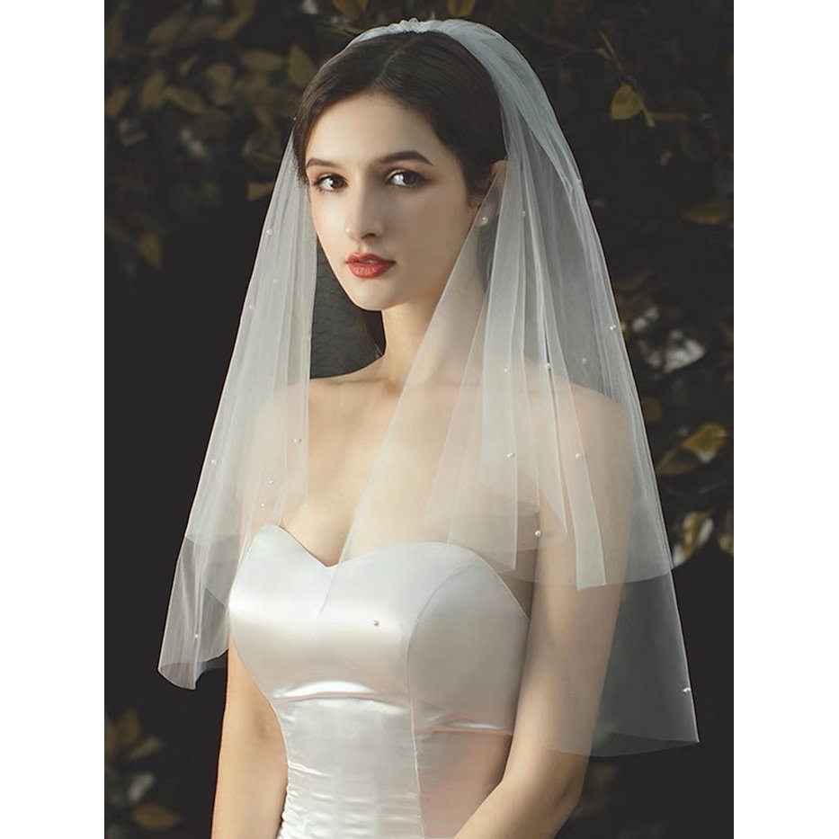 Elegant Two-tire Bride Veil with Small Pearls