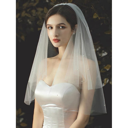 Elegant Two-tire Bride Veil with Small Pearls