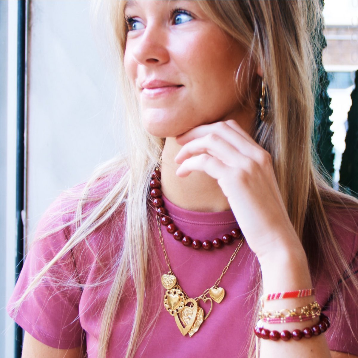 Double miyuki bracelet with 3 mini hearts - dark brown