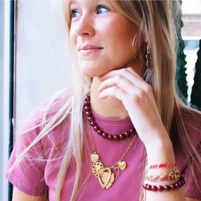 Double miyuki bracelet with 3 mini hearts - dark brown