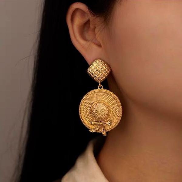 Vintage Style Straw Hat Drop Earrings