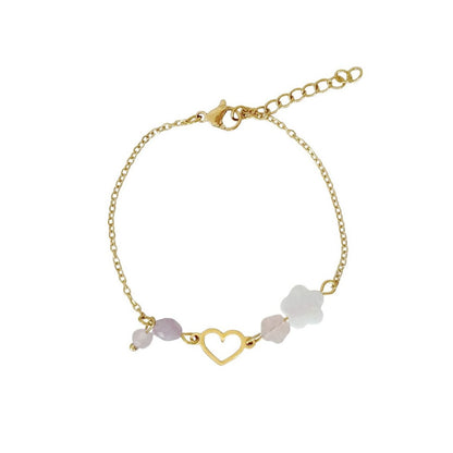 Rose Quartz Kunzite Bracelet Heart and Flowers - Gold