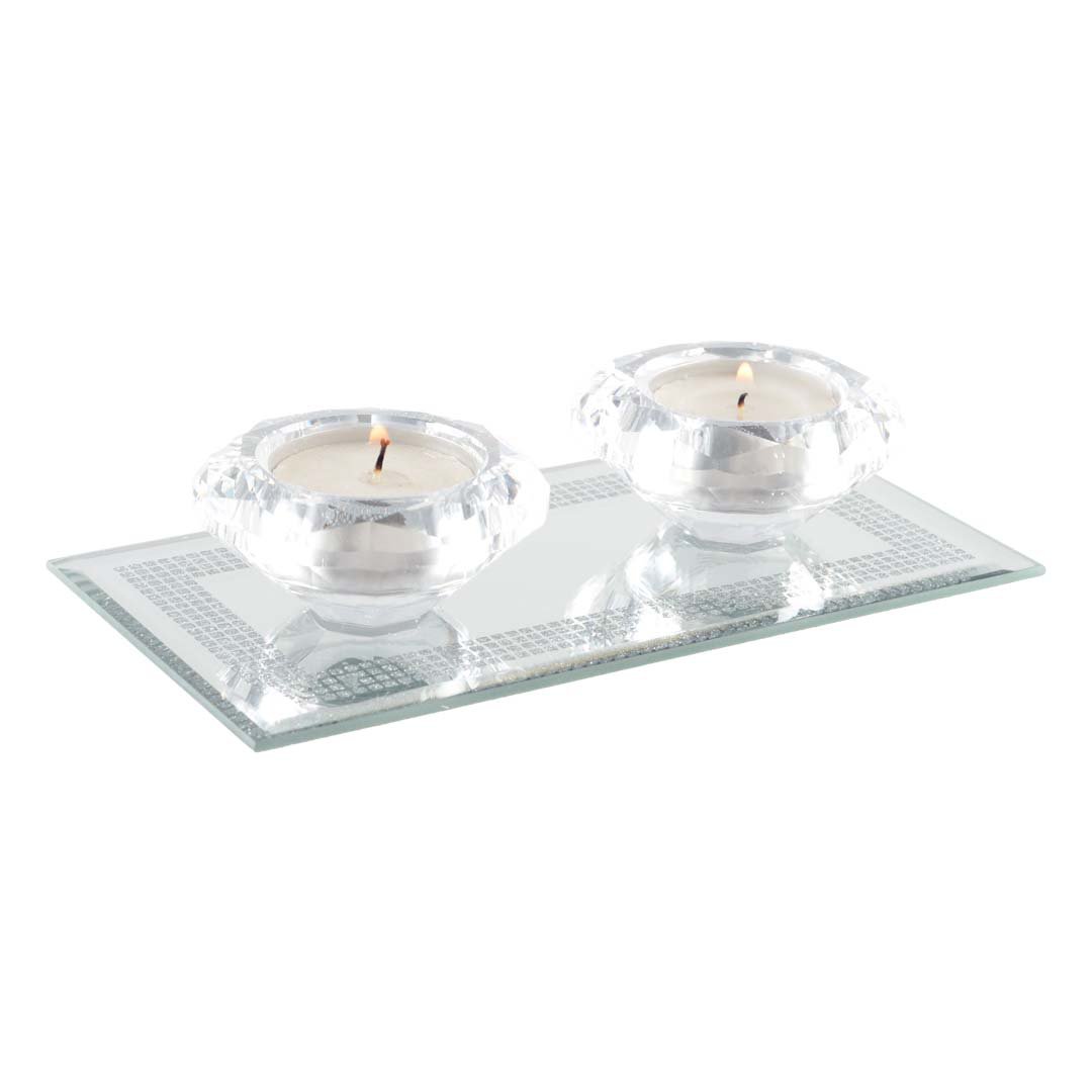 Double crystal candle holder on silver mirror rectangle support
