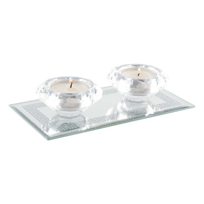 Double crystal candle holder on silver mirror rectangle support