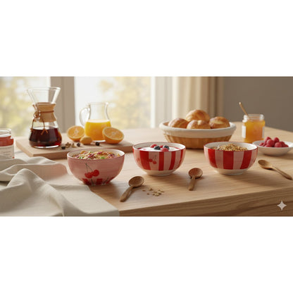 Cherry red striped bowls - set of 4