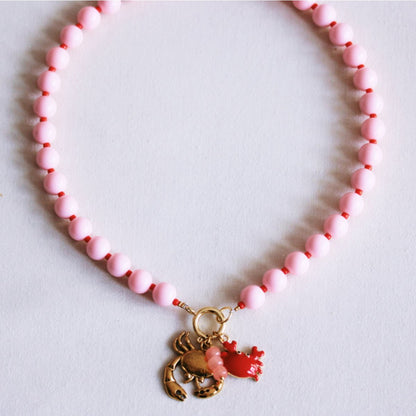 Beaded necklace with Miyuki beads with charms - light pink/red