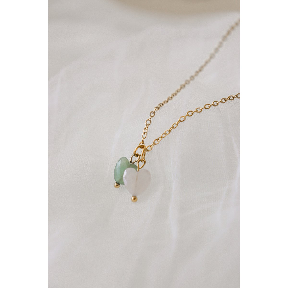 Aventurine and Rose Quartz Heart Necklace - Gold