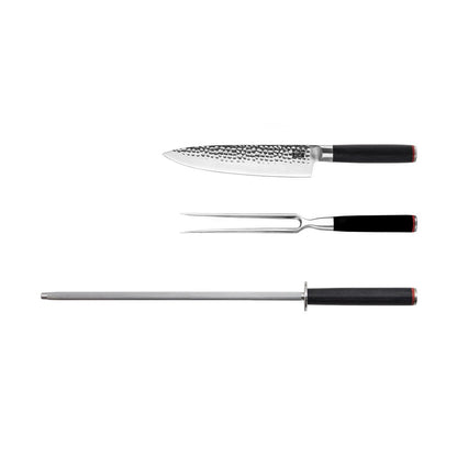 Knives and Kitchen Accessories Set - The BBQ Set: Gyuto (chef knife) + carving fork + honing steel