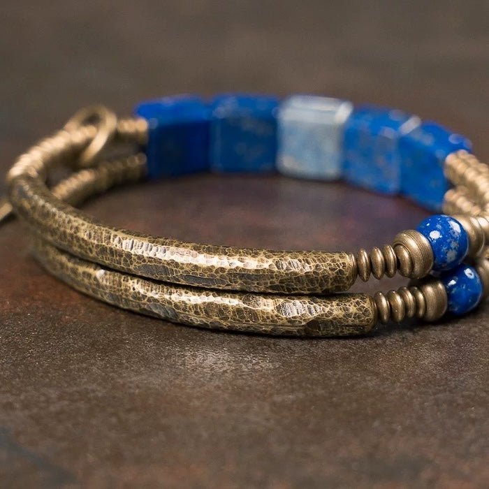 Lapis Lazuli Square Plate Bracelet with Bronze Bangles
