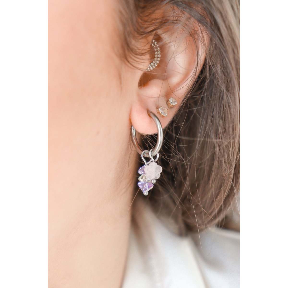 Rose Quartz Flower & Crystal Earrings - Silver