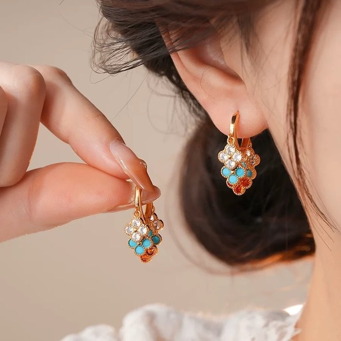 Rainbow Four-Leaf Lucky Flower Stone Drop Earrings