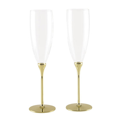 SET OF 2 GLASS FLUTES GOLD METAL FOOT