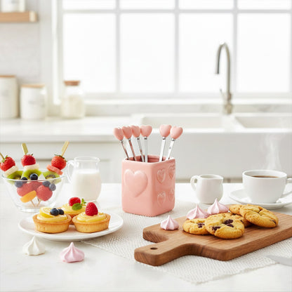 Pink teaspoons with holder - set of 6