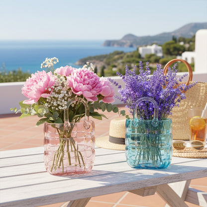 Transparent blue quilted handbag vase 19x10x27cm