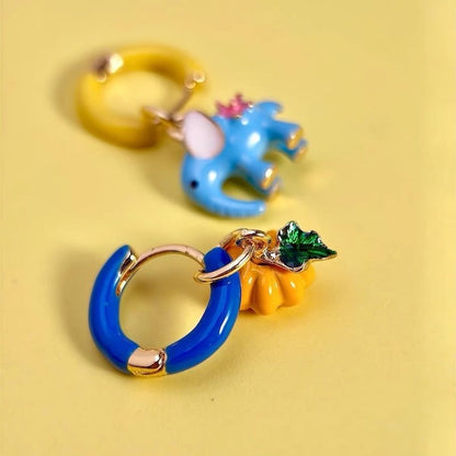 Enchanted Elephant & Pumpkin Enamel Hoop Earrings