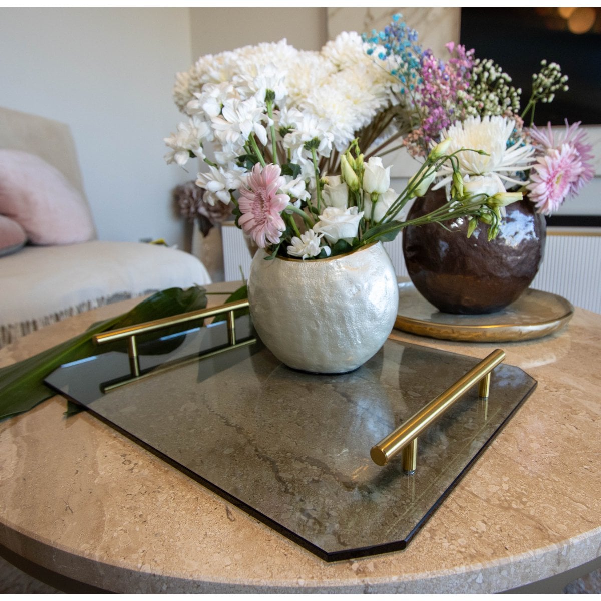 Smoked gray tray with golden handles 40x30x5cm